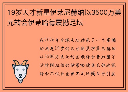 19岁天才新星伊莱尼赫纳以3500万美元转会伊蒂哈德震撼足坛