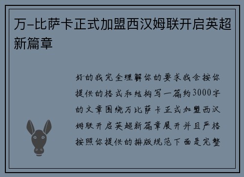 万-比萨卡正式加盟西汉姆联开启英超新篇章