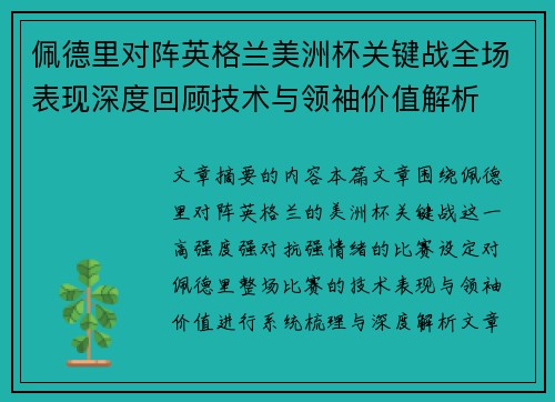 佩德里对阵英格兰美洲杯关键战全场表现深度回顾技术与领袖价值解析