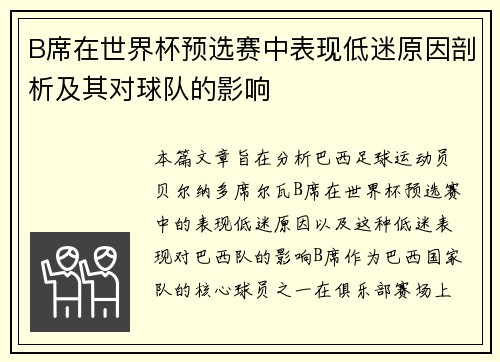 B席在世界杯预选赛中表现低迷原因剖析及其对球队的影响