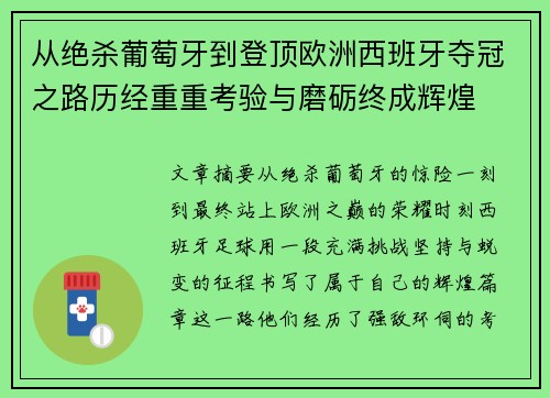 从绝杀葡萄牙到登顶欧洲西班牙夺冠之路历经重重考验与磨砺终成辉煌